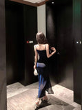 Sheath Spaghetti Straps Navy Blue Sequin Birthday Dresses Prom Dress SD1153