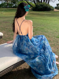 A line Spaghetti Straps Blue Floral Backless Holiday Beach Dress Women's Long Vacation Dresses SD1155