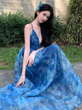 A line Spaghetti Straps Blue Floral Backless Holiday Beach Dress Women's Long Vacation Dresses SD1155
