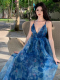 A line Spaghetti Straps Blue Floral Backless Holiday Beach Dress Women's Long Vacation Dresses SD1155
