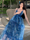 A line Spaghetti Straps Blue Floral Backless Holiday Beach Dress Women's Long Vacation Dresses SD1155