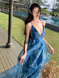 A line Spaghetti Straps Blue Floral Backless Holiday Beach Dress Women's Long Vacation Dresses SD1155