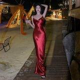 Sheath Spaghetti Straps Red Backless Satin Birthday Dresses Prom Dress SD1158