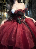 Ball Gown Strapless Burgundy Tulle Birthday Dresses Night Party Dress SD1159
