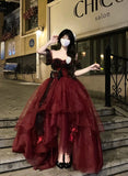 Ball Gown Strapless Burgundy Tulle Birthday Dresses Night Party Dress SD1159