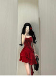 A line Spaghetti Straps Red Short Ruffles Skirt Birthday Dresses Birthday Outfits SD1177