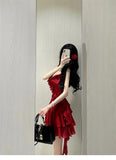 A line Spaghetti Straps Red Short Ruffles Skirt Birthday Dresses Birthday Outfits SD1177