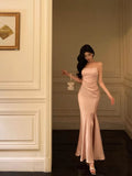 Sheath Spaghetti Straps Pink Satin Prom Dresses Birthday Outfits Evening Gown SD1118