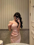 Sheath Spaghetti Straps Pink Satin Prom Dresses Birthday Outfits Evening Gown SD1118