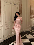Sheath Spaghetti Straps Pink Satin Prom Dresses Birthday Outfits Evening Gown SD1118