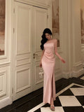 Sheath Spaghetti Straps Pink Satin Prom Dresses Birthday Outfits Evening Gown SD1118