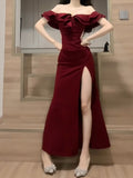 Sheath Off The Shoulder Burgundy Slit Holiday Prom Dresses Night Dress Birthday Outfits SD1218