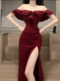 Sheath Off The Shoulder Burgundy Slit Holiday Prom Dresses Night Dress Birthday Outfits SD1218