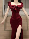 Sheath Off The Shoulder Burgundy Slit Holiday Prom Dresses Night Dress Birthday Outfits SD1218