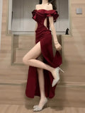 Sheath Off The Shoulder Burgundy Slit Holiday Prom Dresses Night Dress Birthday Outfits SD1218