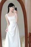 A Line Square Neckline White Holiday Dresses Night Dress Birthday Outfits SD1219