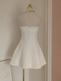A line Strapless Satin White Flowers Vacation Dress Women Short Dresses SD126