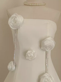 A line Strapless Satin White Flowers Vacation Dress Women Short Dresses SD126