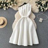 A line One Shoulder Ruffles White Holiday Dresses Midi Length Women's Dress SD1278