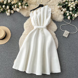 A line One Shoulder Ruffles White Holiday Dresses Midi Length Women's Dress SD1278