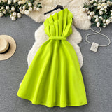 A line One Shoulder Ruffles Bud Green Holiday Dresses Midi Length Women's Dress SD1279