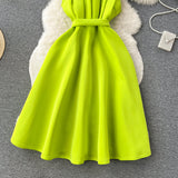A line One Shoulder Ruffles Bud Green Holiday Dresses Midi Length Women's Dress SD1279