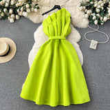A line One Shoulder Ruffles Bud Green Holiday Dresses Midi Length Women's Dress SD1279
