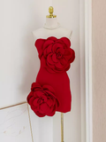 Sheath Strapless Red Satin Travel Vacation Dress Short Birthday Dress SD127