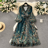 A line Long Sleeves Green Floral Holiday Dresses Autumn Women's Dress SD1280