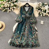A line Long Sleeves Green Floral Holiday Dresses Autumn Women's Dress SD1280
