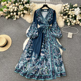 A line Long Sleeves Blue Floral Holiday Dresses Autumn Women's Dress SD1281