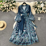 A line Long Sleeves Blue Floral Holiday Dresses Autumn Women's Dress SD1281