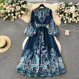 A line Long Sleeves Blue Floral Holiday Dresses Autumn Women's Dress SD1281