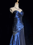 Sweetheart Sleeveless Mermaid Satin Long Navy Blue Prom Dresses SD1291