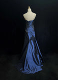 Sweetheart Sleeveless Mermaid Satin Long Navy Blue Prom Dresses SD1291