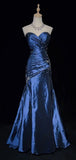 Sweetheart Sleeveless Mermaid Satin Long Navy Blue Prom Dresses SD1291