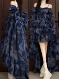High Low Off The Shoulder Blue Floral Holiday Dress Birthday Dresses Birthday Outfits SD1297