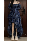 High Low Off The Shoulder Blue Floral Holiday Dress Birthday Dresses Birthday Outfits SD1297