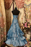 Mermaid Strapless Blue Satin Prom Dresses Long Evening Gown Formal Party Dress SD1299 HZ0628