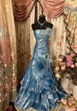 Mermaid Strapless Blue Satin Prom Dresses Long Evening Gown Formal Party Dress SD1299 HZ0628
