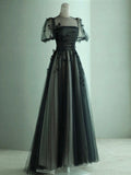 Puff Sleeves Tulle Long Prom Dress Black Formal Evening Dress SD1303 HZ0628