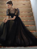 Puff Sleeves Tulle Long Prom Dress Black Formal Evening Dress SD1303 HZ0628