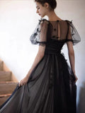 Puff Sleeves Tulle Long Prom Dress Black Formal Evening Dress SD1303 HZ0628