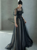 Puff Sleeves Tulle Long Prom Dress Black Formal Evening Dress SD1303 HZ0628