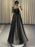 Puff Sleeves Tulle Long Prom Dress Black Formal Evening Dress SD1303 HZ0628