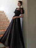 Puff Sleeves Tulle Long Prom Dress Black Formal Evening Dress SD1303 HZ0628
