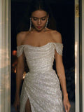Sheath Off The Shoulder Sequin Slit Long Prom Dresses Evening Gown Formal Party Dress With Ruffles SD1306 HZ0628