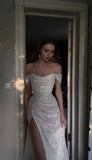 Sheath Off The Shoulder Sequin Slit Long Prom Dresses Evening Gown Formal Party Dress With Ruffles SD1306 HZ0628