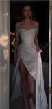 Sheath Off The Shoulder Sequin Slit Long Prom Dresses Evening Gown Formal Party Dress With Ruffles SD1306 HZ0628