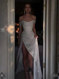 Sheath Off The Shoulder Sequin Slit Long Prom Dresses Evening Gown Formal Party Dress With Ruffles SD1306 HZ0628
